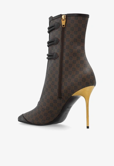 Shop Balmain 95 Monogram Leather Ankle Boots In Brown