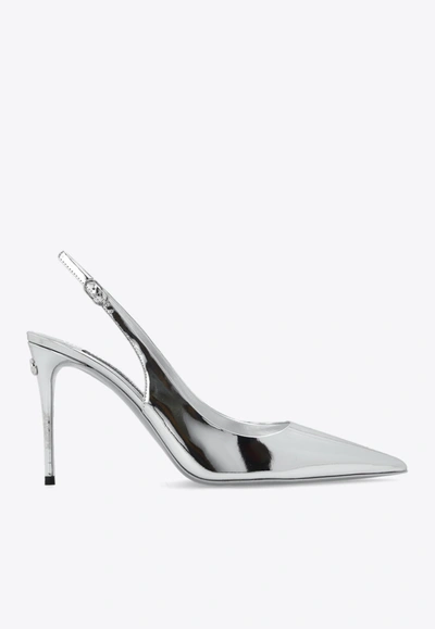 Shop Dolce & Gabbana 95 Pointed-toe Slingback Pumps In Silver