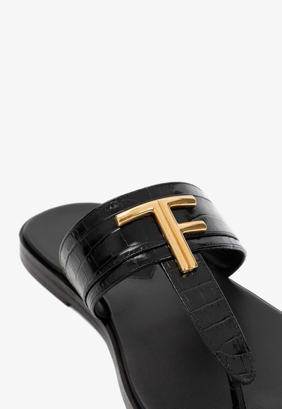 Shop Tom Ford Brighton Croc-embossed Leather Flat Sandals In Black