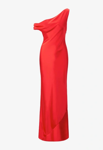 Shop Staud Ashanti One-shoulder Satin Maxi Dress In Red