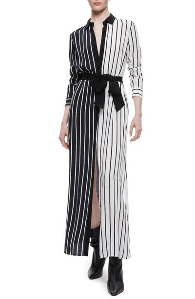 Shop Alice And Olivia Chassidy Colorblock Stripe Long Sleeve Maxi Shirtdress In Vertical Palazzo Stripe Black