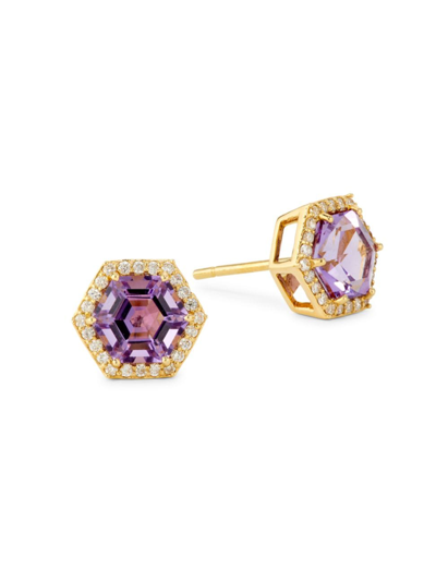 Shop Syna Women's Geometrix Hex 18k Yellow Gold, Amethyst & 0.20 Tcw Diamond Stud Earrings