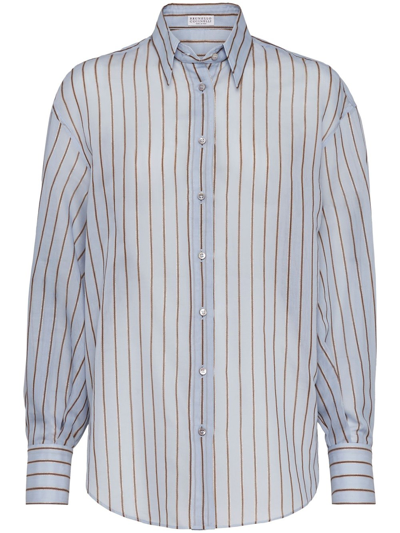 Shop Brunello Cucinelli Semi-transparent Striped Shirt In Blue