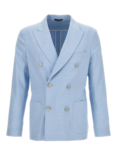 Shop Tonello Double Breast Linen Blazer Jacket In Light Blue