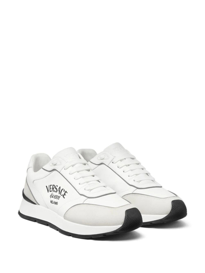 Shop Versace Calf Leather Sneakers In Blanco