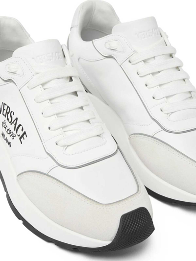 Shop Versace Calf Leather Sneakers In Blanco