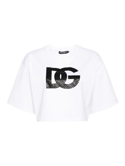 Dolce & Gabbana White Cotton Cropped T-shirt With Drop Shoulder And Logo Print For Women In Blanco