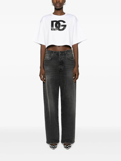 Dolce & Gabbana White Cotton Cropped T-shirt With Drop Shoulder And Logo Print For Women In Blanco
