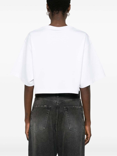 Dolce & Gabbana White Cotton Cropped T-shirt With Drop Shoulder And Logo Print For Women In Blanco