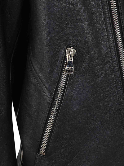 Shop Balmain Zipped Calfskin Biker Jacket In Black