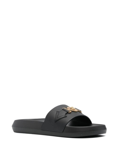 Versace La Medusa Embellished Leather Slides In Black