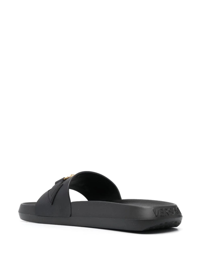 Versace La Medusa Embellished Leather Slides In Black