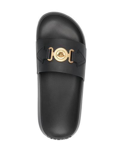 Versace La Medusa Embellished Leather Slides In Black