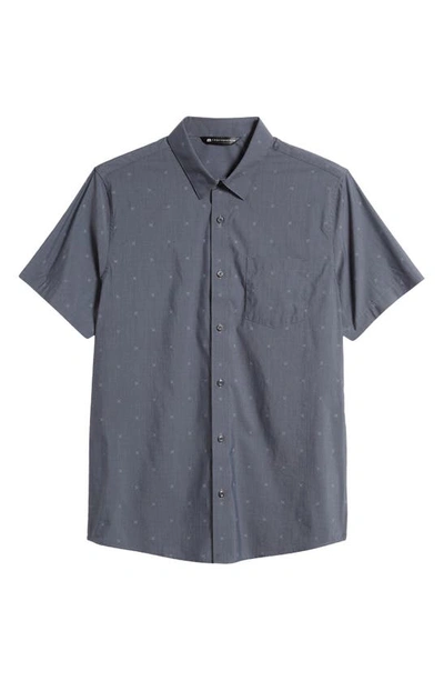 Shop Travis Mathew Across The Pond Geo Print Short Sleeve Stretch Button-up Shirt In Heather Black