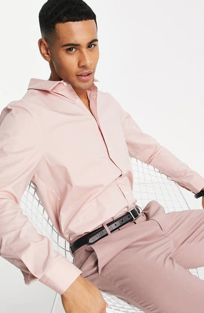 Shop Asos Design Skinny Fit Button-up Shirt In Light Pink