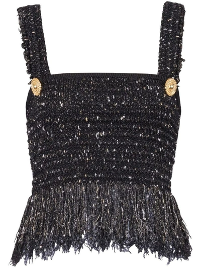 Shop Balmain Buttoned Fringed Tweed Cropped Top In Black