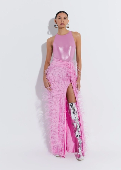 Shop Lapointe Satin Maxi Skirt With Feathers In 14