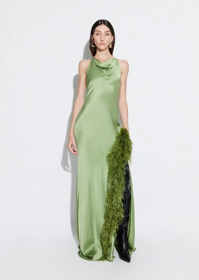 Shop Lapointe Satin Halter Gown With Feathers In Olive