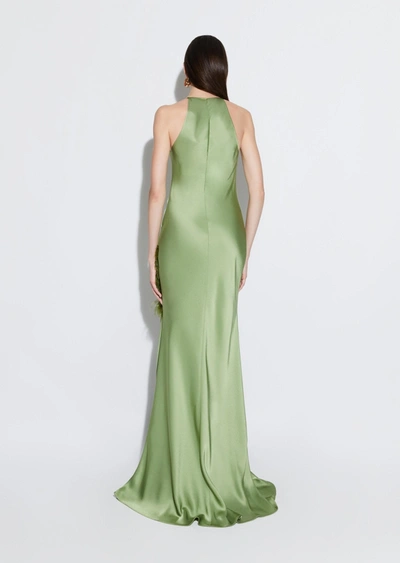 Shop Lapointe Satin Halter Gown With Feathers In Olive