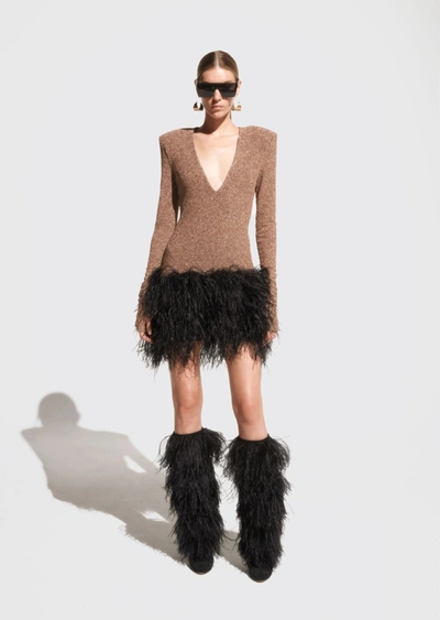 Shop Lapointe Metallic Jersey Deep V Dress With Feathers In 10