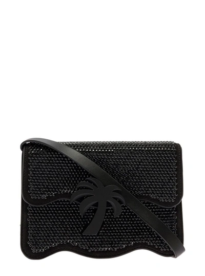 Shop Palm Angels Palm Shoulder Bag With All-over Crystal Embellishment In Black Leather Woman
