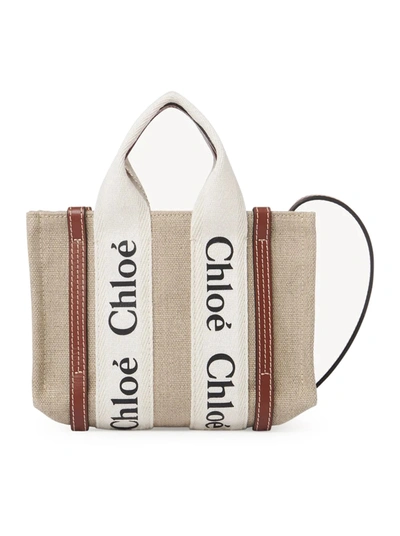 Chloé White And Brown Woody Mini Tote Bag In White
