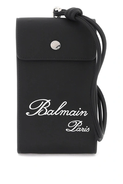 Shop Balmain Phone Holder With Logo Men In Black