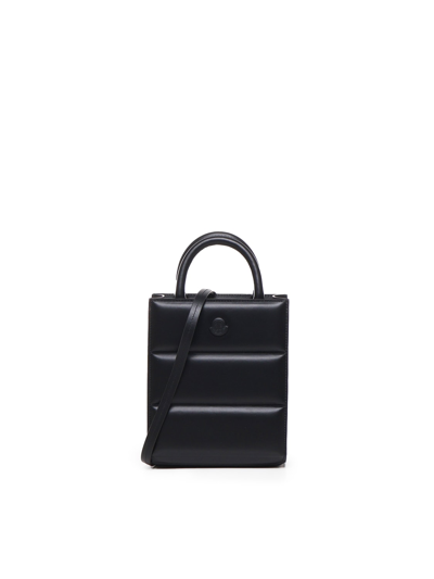 Shop Moncler Leather Doudoune Mini Tote Bag In Black