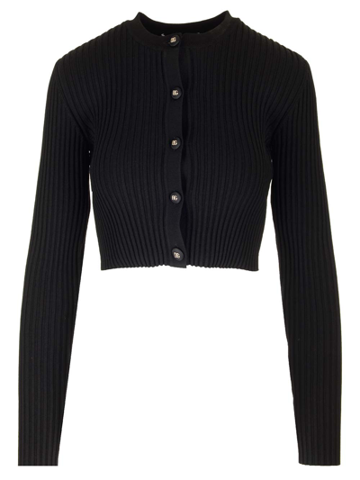 Dolce & Gabbana Ribbed Crop Button-front Cardigan In Black