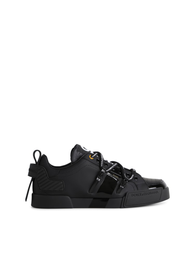 Shop Dolce & Gabbana Portofino Leather And Patent Leather Sneakers In Black