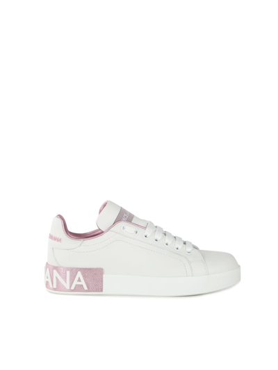 Shop Dolce & Gabbana Portofino Sneakers In Calfskin In White, Rose