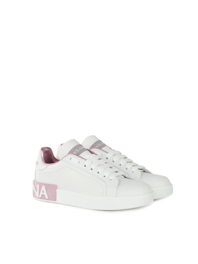 Shop Dolce & Gabbana Portofino Sneakers In Calfskin In White, Rose
