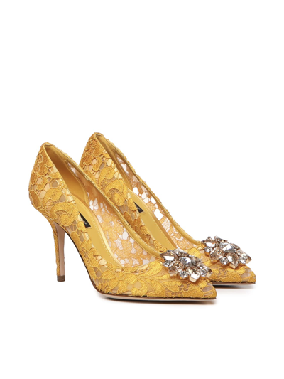 Shop Dolce & Gabbana Bellucci Taormina Lace Pumps With Crystals In Mustard
