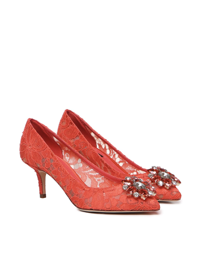Shop Dolce & Gabbana Taormina Lace Pumps With Crystals In Coral