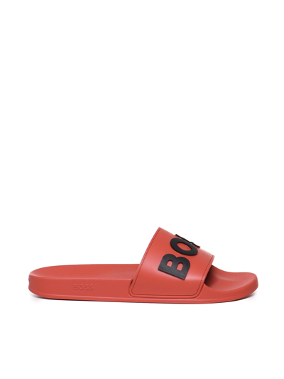 Shop Hugo Boss Sandals Slides With Logo Application In Red