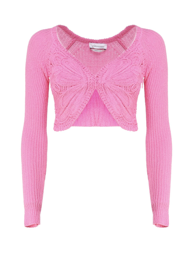 Shop Blumarine Cropped Cardigan With Butterfly Embroidery In Pink