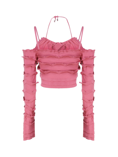 Shop Blumarine Knit Top With Ruffles In Pink