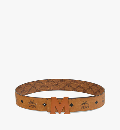Shop Mcm Claus M Reversible Monogram Belt 1.5" In Cognac