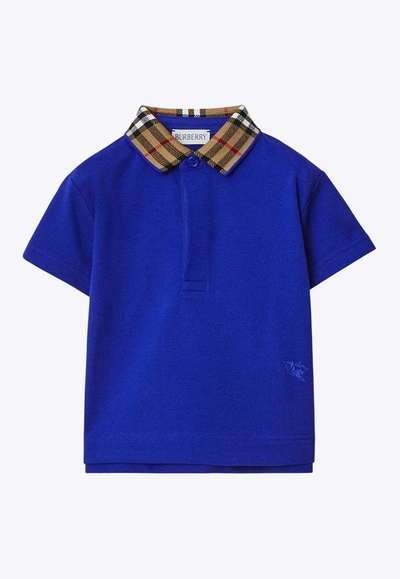 Shop Burberry Babies Checked-collar Polo T-shirt In Blue