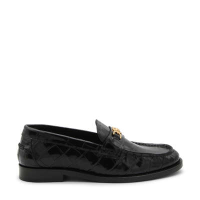 Shop Versace Black Leather Loafers In Black/gold