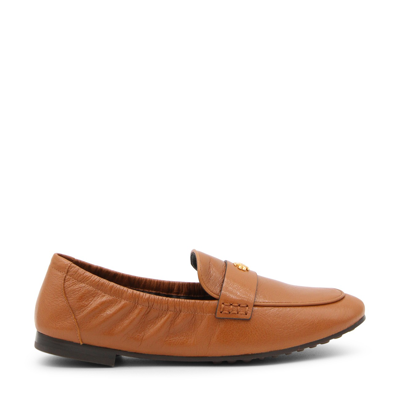Shop Tory Burch Camel Brown Leather Double T Loafers In Bourbon