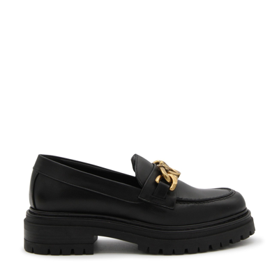 Shop Pinko Black Leather Love Birds Loafers