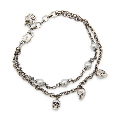 Shop Alexander Mcqueen Silver Metal Skull Bracelet In Ottone/perla