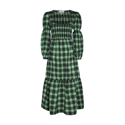 Shop Ganni Green And Black Cotton Blend Seersucker Dress In Peapod