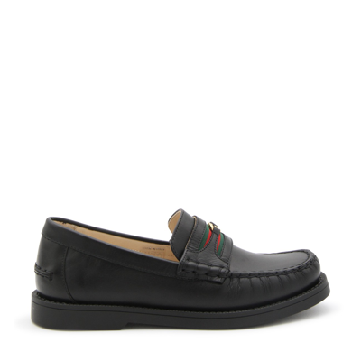 Shop Gucci Black Leather Interlocking G Web Loafers