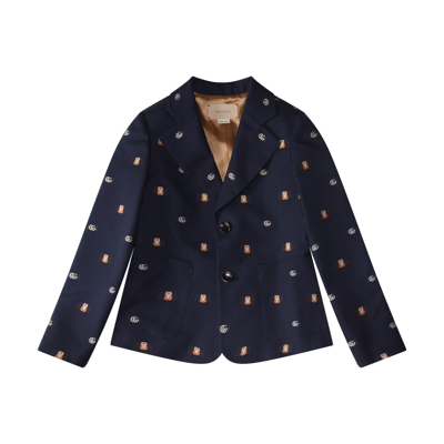 Shop Gucci Navy Wool And Cotton Blend Gg Blazer