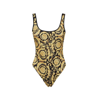 Shop Versace Black And Gold-tone Swimming Suit In Black/gold