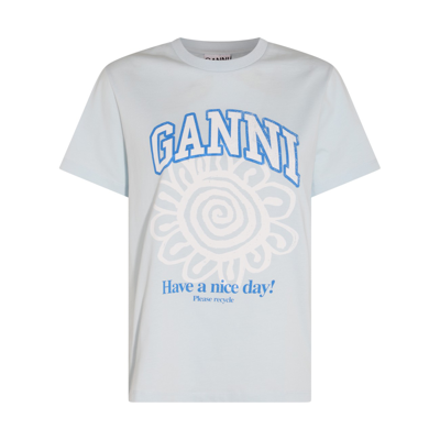 Shop Ganni Light Blue And White Cotton T-shirt In Ice Water