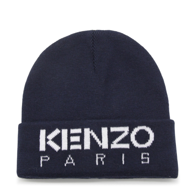Shop Kenzo Blue Cotton Blend Logo Beanie In Navy