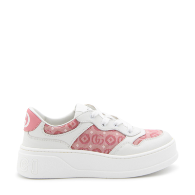 Shop Gucci White And Pink Leather Platform Sneakers In White/pink